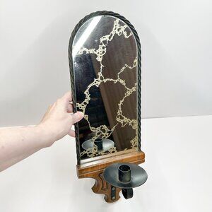 Vtg MCM Iron Wood Mirror Wall Sconce Candle 70's Witchy Whimsycore Gothic
